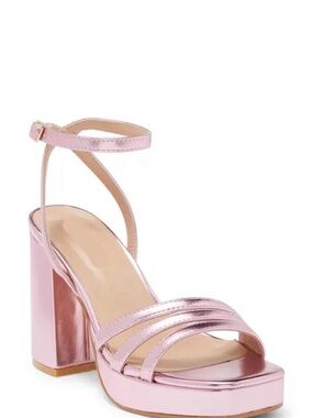 TOP Moda Metallic Rose Pink Block Heel Sandal with Ankle Strap